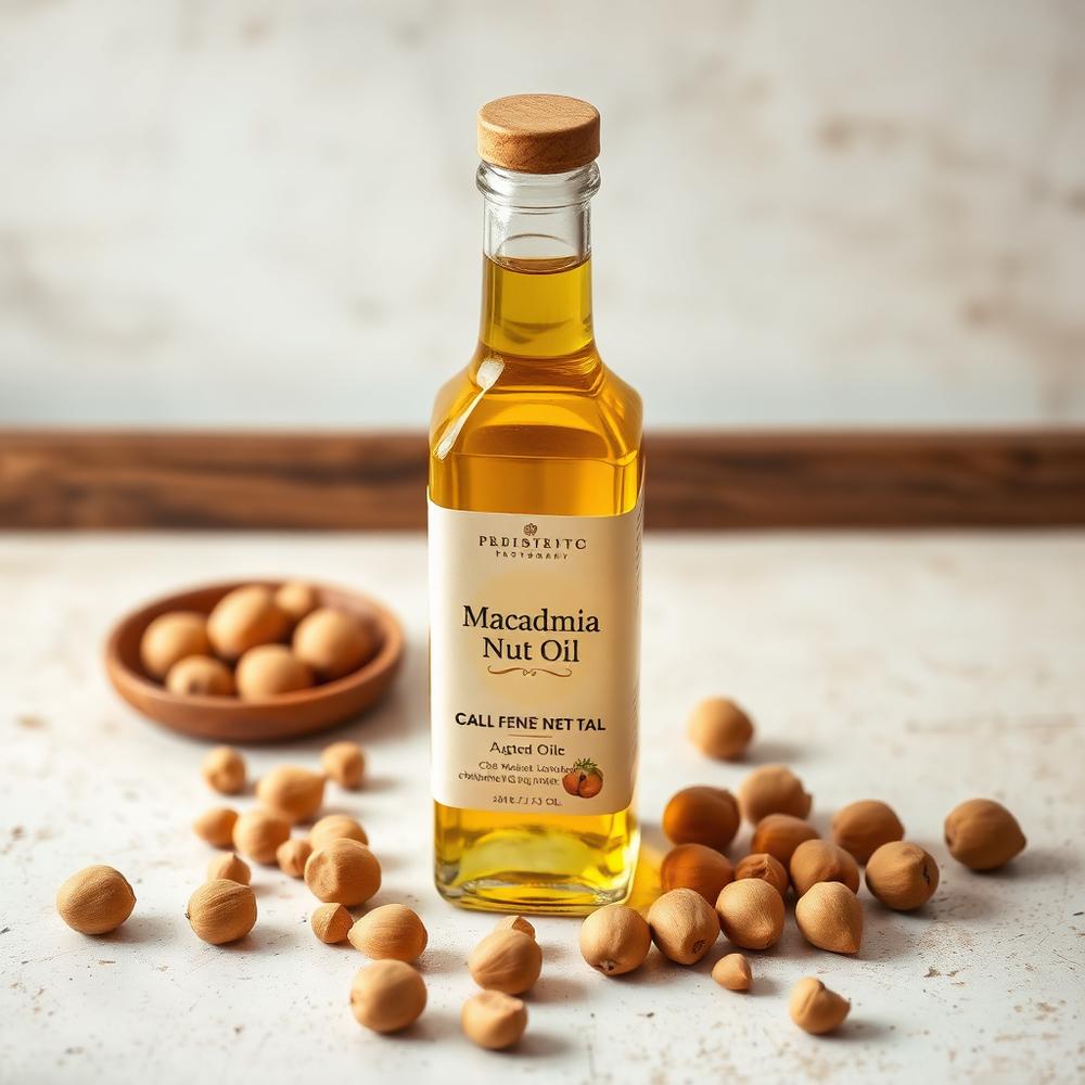 Cold-pressed macadamia oil in a glass bottle
