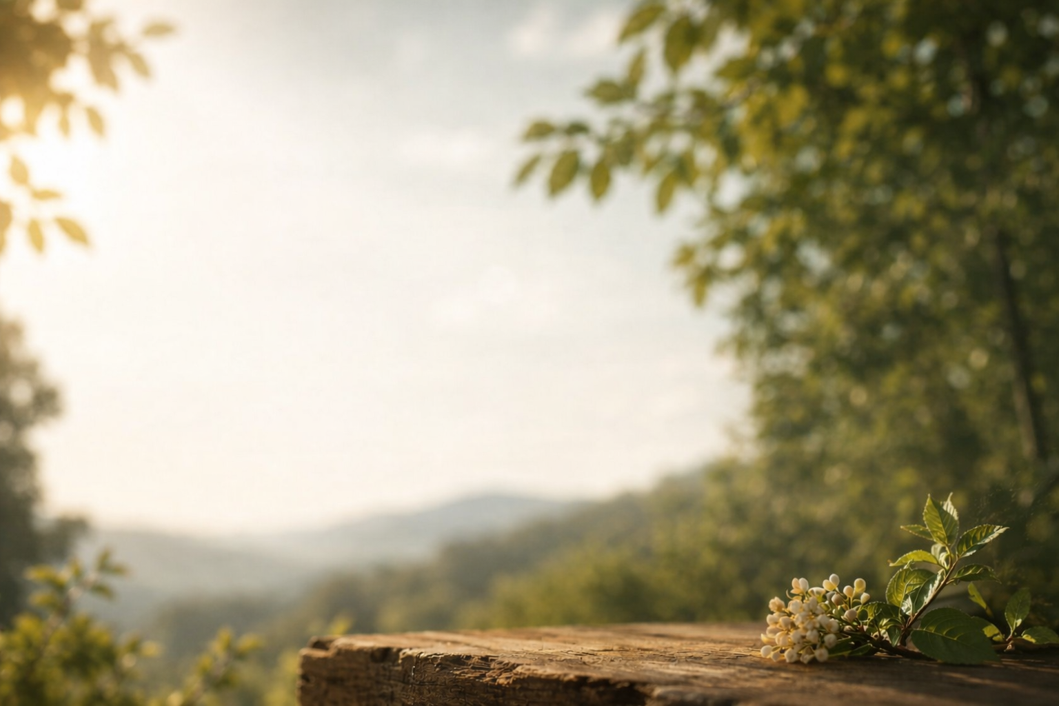 Soft sunlight over a natural landscape with wildflowers and trees