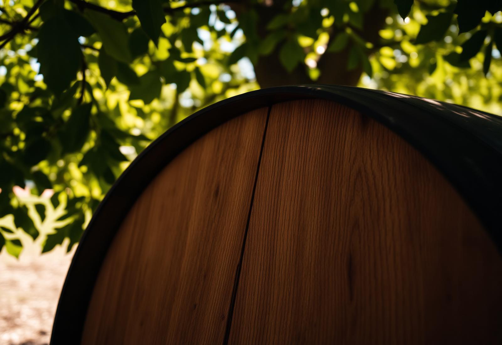 Oak barrel under dappled sunlight