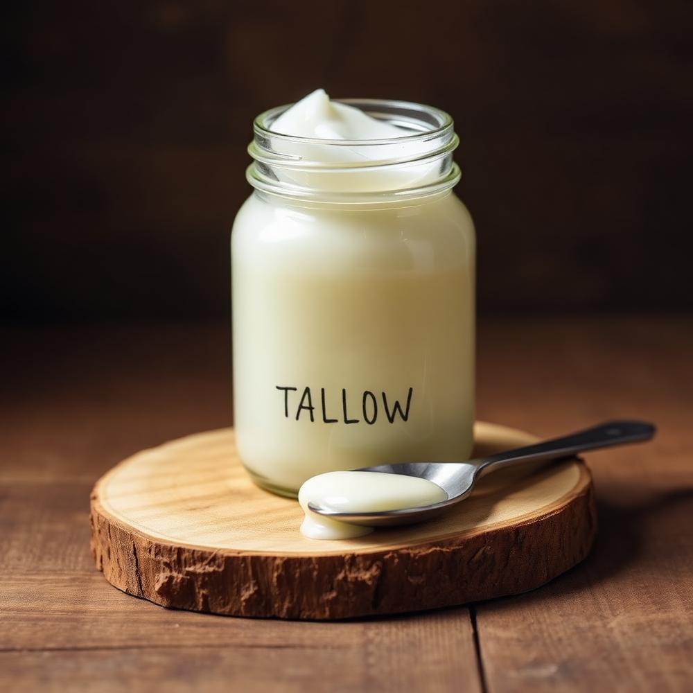 Grass-fed tallow for cooking and skincare in a glass jar